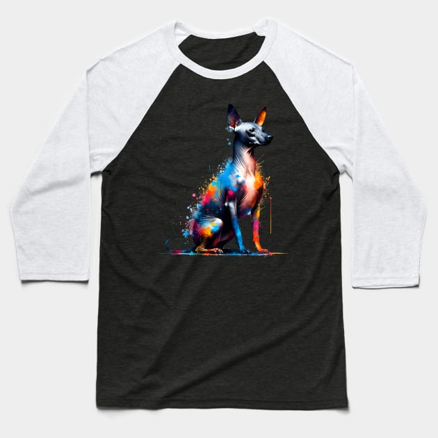 Xoloitzcuintli Depicted in Vivid Splash Art Style Baseball T-Shirt by ArtRUs